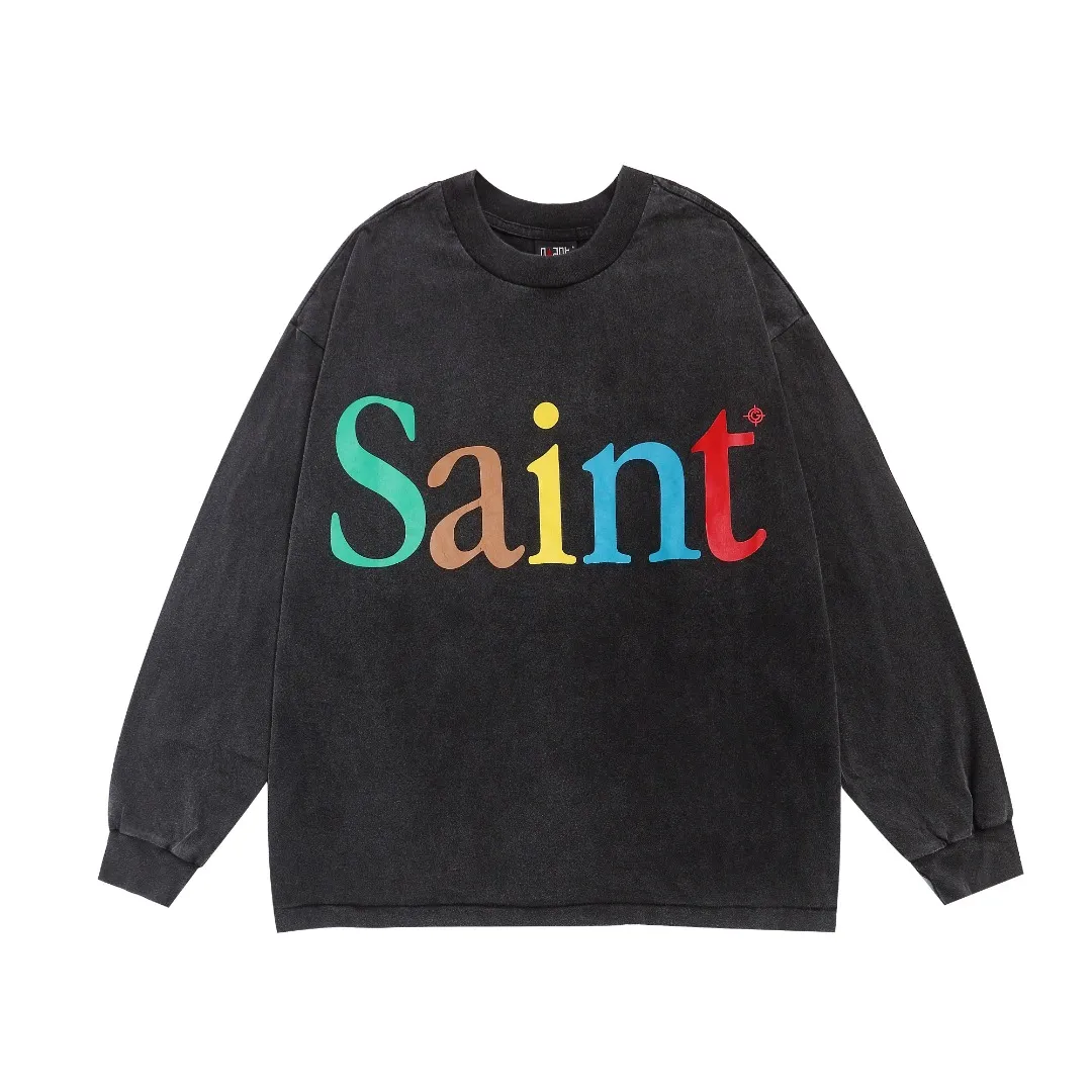Saint Michael SAINT rainbow printed monogram washed and distressed loose long-sleeved VTG loose bottoming long-sleeved T-shirt Fabric: 260g Style number: SM11 Size: S-M-L-XL Color: Black Price: P156